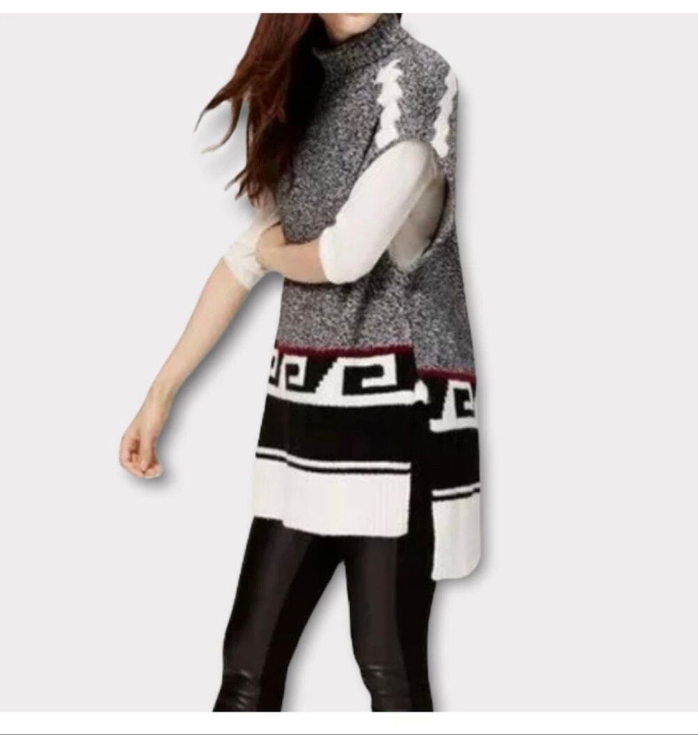 Ann Taylor LOFT XS/S Gray Black Boho Sleeveless Turtleneck Geo Blanket Sweater